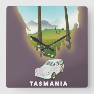 Reloj Cuadrado Cartel de viaje de mapa ilustrado de Tasmania.