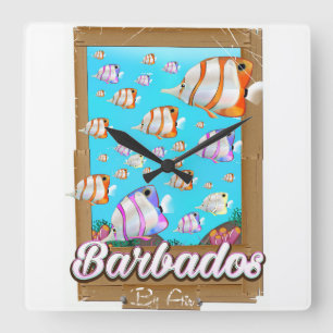 Reloj Cuadrado Cartel de viaje de peces tropicales de Barbados