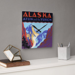 Reloj Cuadrado Cartel de viaje vintage de Alaska, Atlin y el Yuko