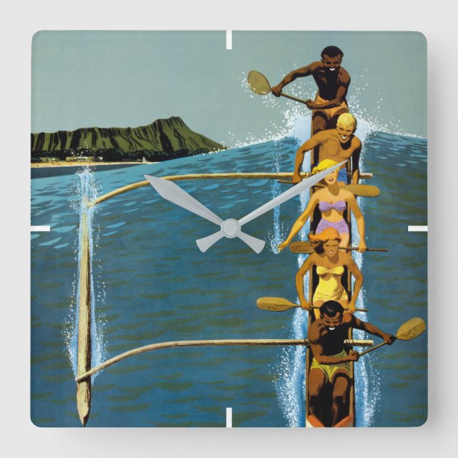 Reloj Cuadrado Cartel De Viajes De United Air Lines A Hawaii (Anverso)