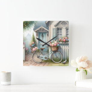 Reloj Cuadrado Casa de campo azul con cesta de flores primaverale