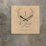 Reloj Cuadrado Casa de campo rústica montada en familia elegante<br><div class="desc">Monograma personalizado y nombre con familia de año y lugar elegante moda estilo casa de campo de color beige burlap reloj de pared.        Un regalo moderno para bodas,  aniversarios,  amas de casa,  Acción de Gracias,  vacaciones para Navidades.</div>