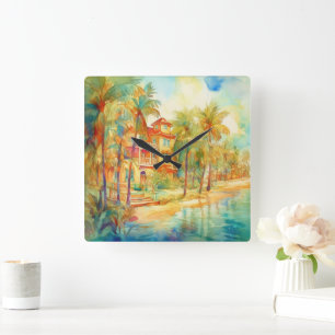 RELOJ CUADRADO CASA DE COLOR AGUA PASTEL EN LA PLAYA