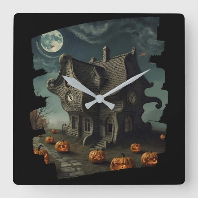 Reloj Cuadrado Casa de Halloween encantada con calabazas y luna l (Anverso)