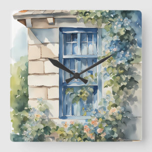 Reloj Cuadrado Casa de piedra con ventana azul y enredaderas