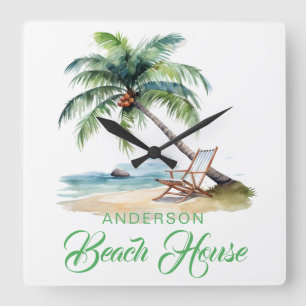 Reloj Cuadrado Casa de playa con apellido personalizado 