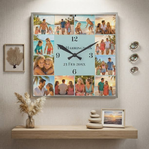 Reloj Cuadrado Casa de playa Nombre de familia Collage de 12 foto