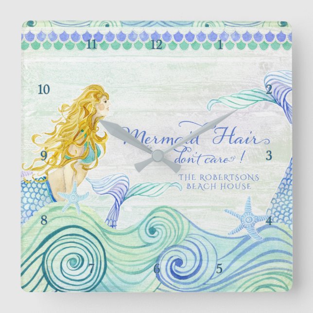 Reloj Cuadrado Casa de playa personalizada Mermaid Hair Beach (Anverso)