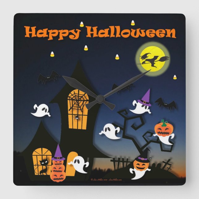 Reloj Cuadrado Casa embrujada de Halloween feliz (Anverso)