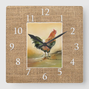 Reloj Cuadrado Casa rural con gallo rústico en Burlap
