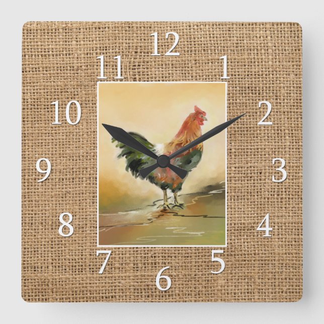 Reloj Cuadrado Casa rural con gallo rústico en Burlap (Anverso)