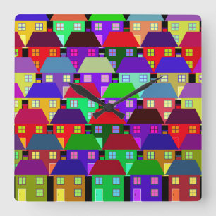 RELOJ CUADRADO CASAS COMUNIDAD HOGAR COLORIDO