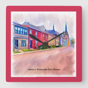 Reloj Cuadrado Casas de fila de acuarela abstractas