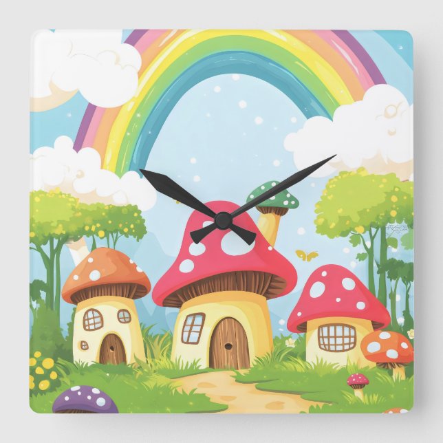Reloj Cuadrado Casas de hongos y arco iris 11 (Anverso)