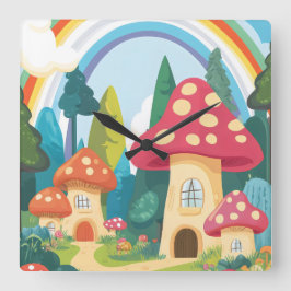 Reloj Cuadrado Casas de hongos y arco iris 12