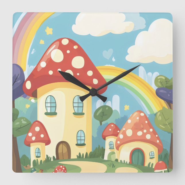 Reloj Cuadrado Casas de hongos y arco iris 12 (Anverso)