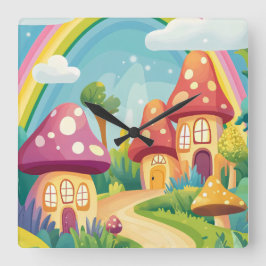 Reloj Cuadrado Casas de hongos y arco iris 13