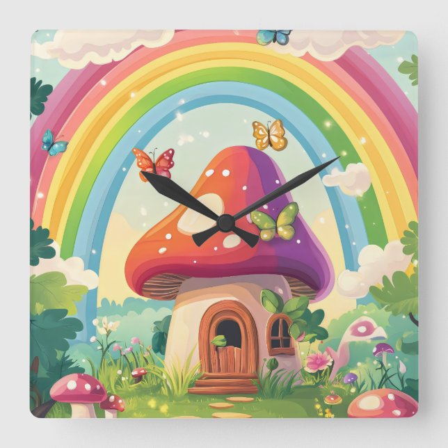 Reloj Cuadrado Casas de hongos y arco iris 9 (Anverso)