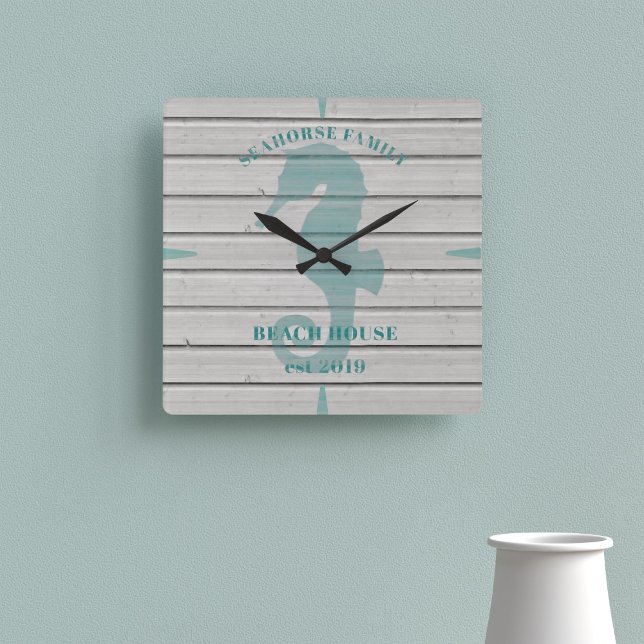 Reloj Cuadrado Cascada Rustic Seahorse Family Beach House Wall Cl (A rustic seahorse clock with space for your family name, beach house and year established)