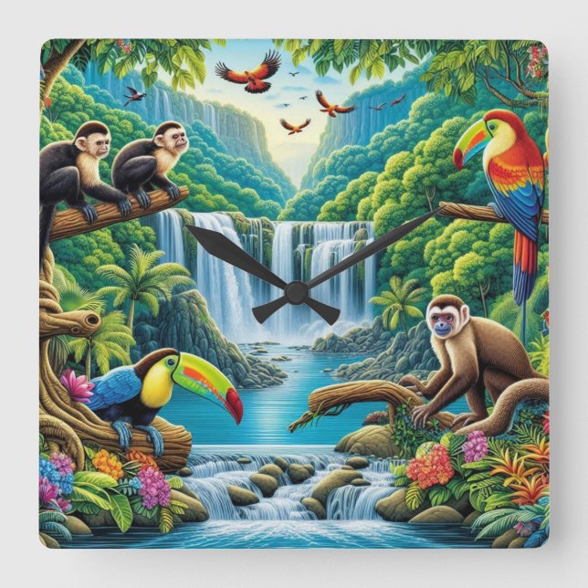 Reloj Cuadrado Cascada tropical de selva tropical (Anverso)