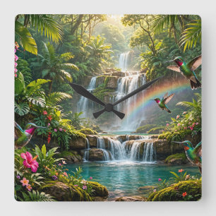 Reloj Cuadrado Cascadas Arcoíris Colibríes Paraiso Tropical