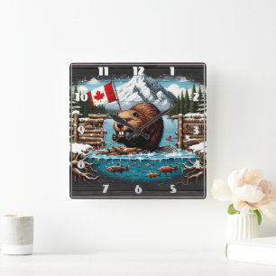 Reloj Cuadrado Castor canadiense, bandera, montaña, océano