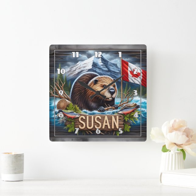 Reloj Cuadrado castor canadiense cerca del agua con bandera de ho (Hogar)
