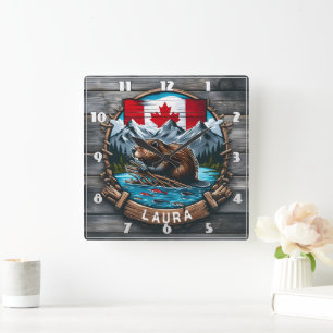Reloj Cuadrado Castor canadiense con bandera y montañas al atarde