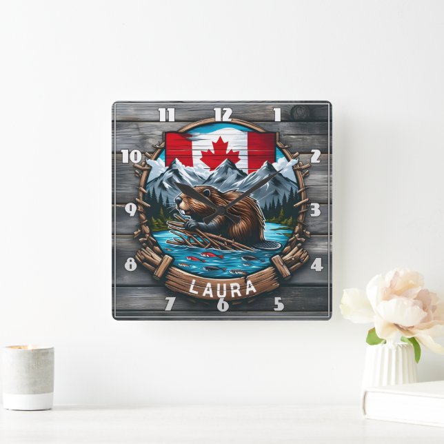 Reloj Cuadrado Castor canadiense con bandera y montañas al atarde (Hogar)