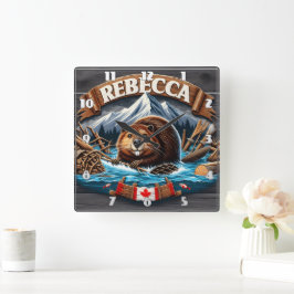 Reloj Cuadrado Castor canadiense, montaña con capa de nieve