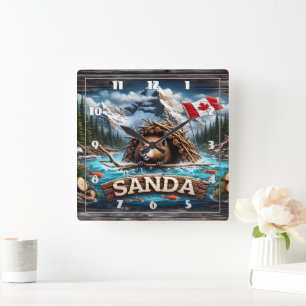 Reloj Cuadrado castor, montaña, bandera, océano azul