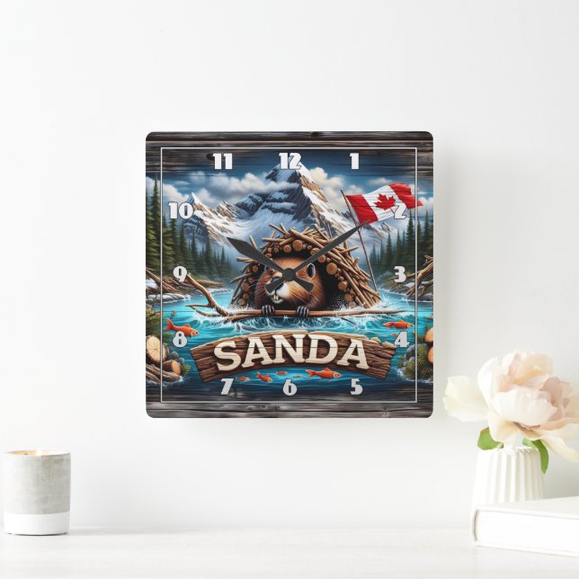 Reloj Cuadrado castor, montaña, bandera, océano azul (Hogar)