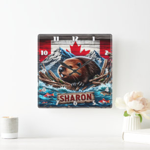 Reloj Cuadrado castor por agua con bandera canadiense