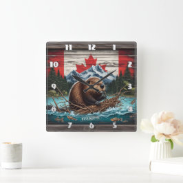 Reloj Cuadrado castor por montaña, bandera canadiense