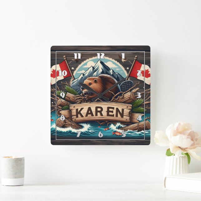 Reloj Cuadrado castores, registros, banderas y montañas (Hogar)