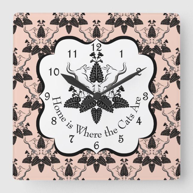 Reloj Cuadrado Cats and Catnip Damask Look Pattern (Anverso)