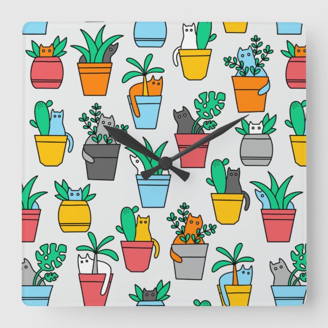 Reloj Cuadrado Cats in the flowerpots (Anverso)