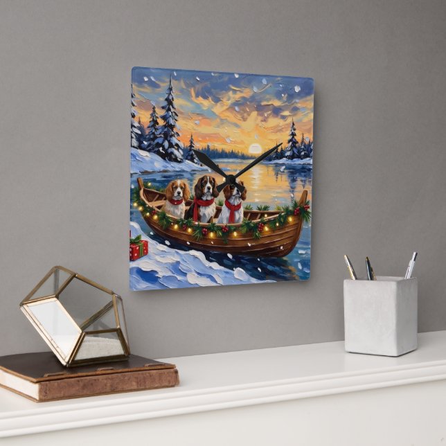 Reloj Cuadrado Cavalier King Charles Spaniel Christmas Boat (Oficina)