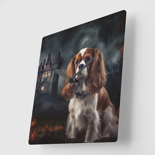 Reloj Cuadrado Cavalier King Charles Spaniel Halloween Espantoso (Ángulo)