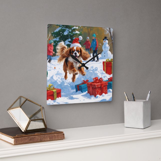 Reloj Cuadrado Cavalier King Charles Spaniel Nieve con Navidad  (Oficina)