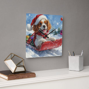 Reloj Cuadrado Cavalier King Charles Spaniel Trineo Navidad