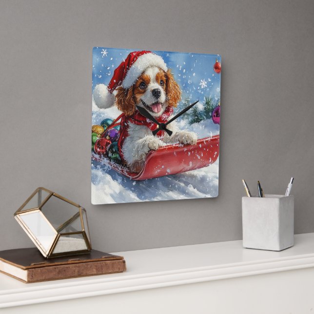 Reloj Cuadrado Cavalier King Charles Spaniel Trineo Navidad (Oficina)
