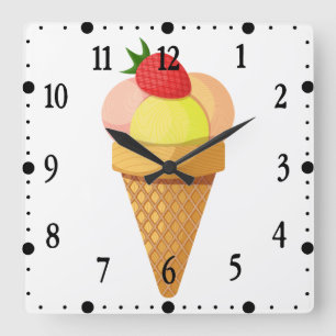 Reloj Cuadrado Cazas de helado y fresa en cono de gofre