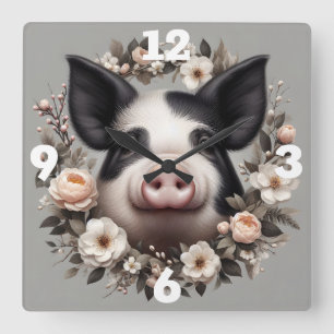 Reloj Cuadrado Cerdo en una corona floral