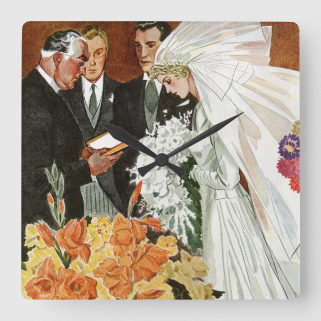 Reloj Cuadrado Ceremonia de bodas con novia y novio (Anverso)