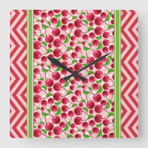 Reloj Cuadrado Cereza Bonita de Lunares y Chevron Rojo