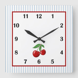 Reloj Cuadrado Cereza Roja sobre Rayas Azules