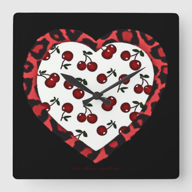 Reloj Cuadrado Cerezas de Rockabilly RAB Estampado de Corazón de  (Anverso)