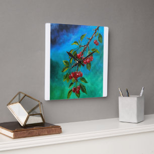 Reloj Cuadrado Cerezas Rojas al Amanecer de Verano Pintura de Alf