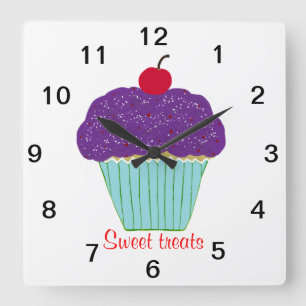 Reloj Cuadrado Cerezo dulce sobre pastel de escarcha morada super